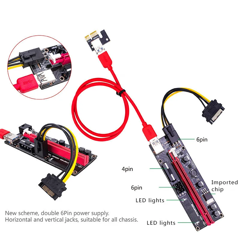 Райзер 009s PCIe PCI-E 1x к 16x USB 3 0 кабель SATA 6Pin 4pin molex Power карта для майнинга ETH Dogecoin GHMY |