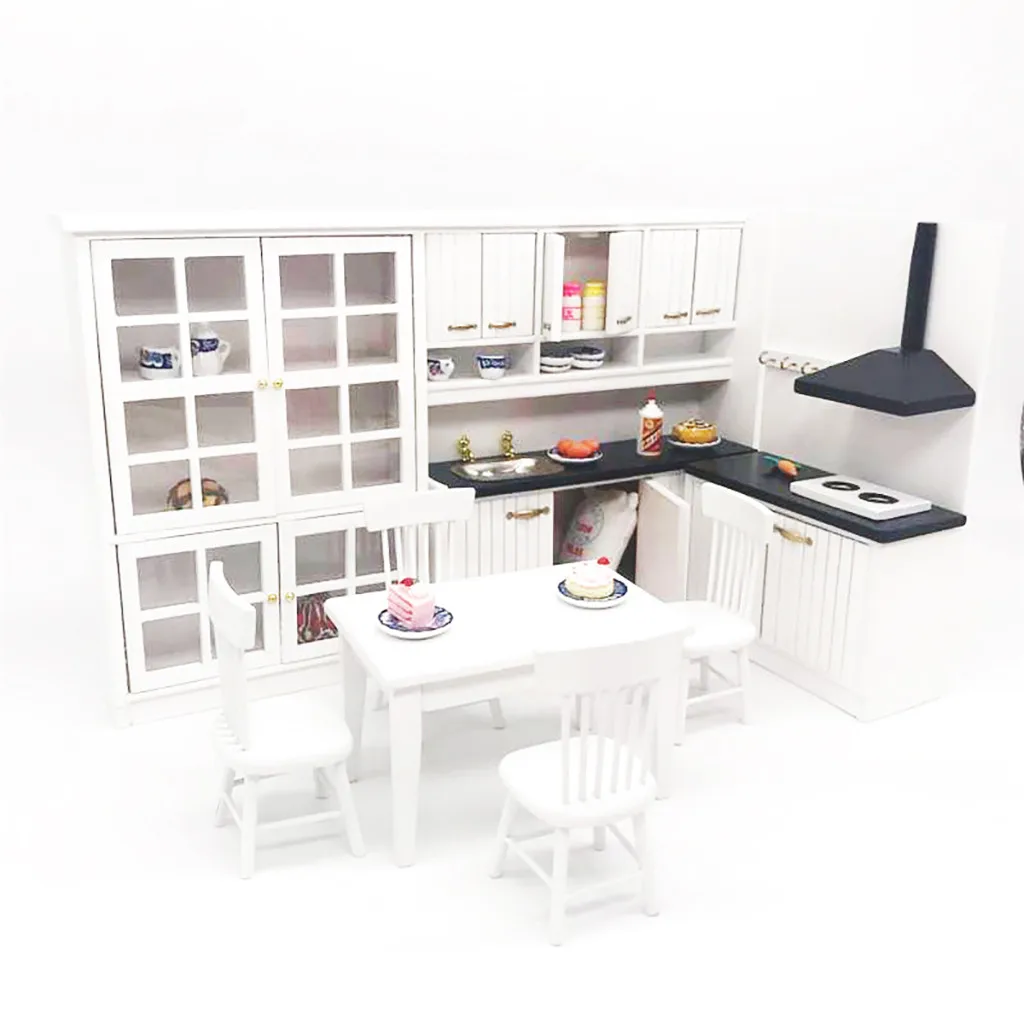 TOP Miniature Kitchen 1:12 Mini Dollhouse Mini Kitchen Dining Table and Chair Cabine FOR CHILDREN TOY a613