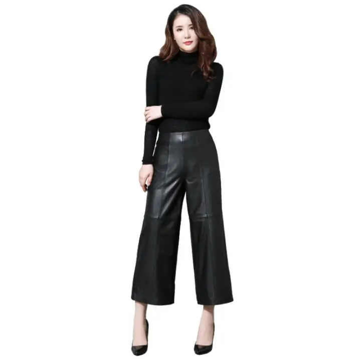 Женские брюки из натуральной кожи Haining зимние свободные с широкими штанинами