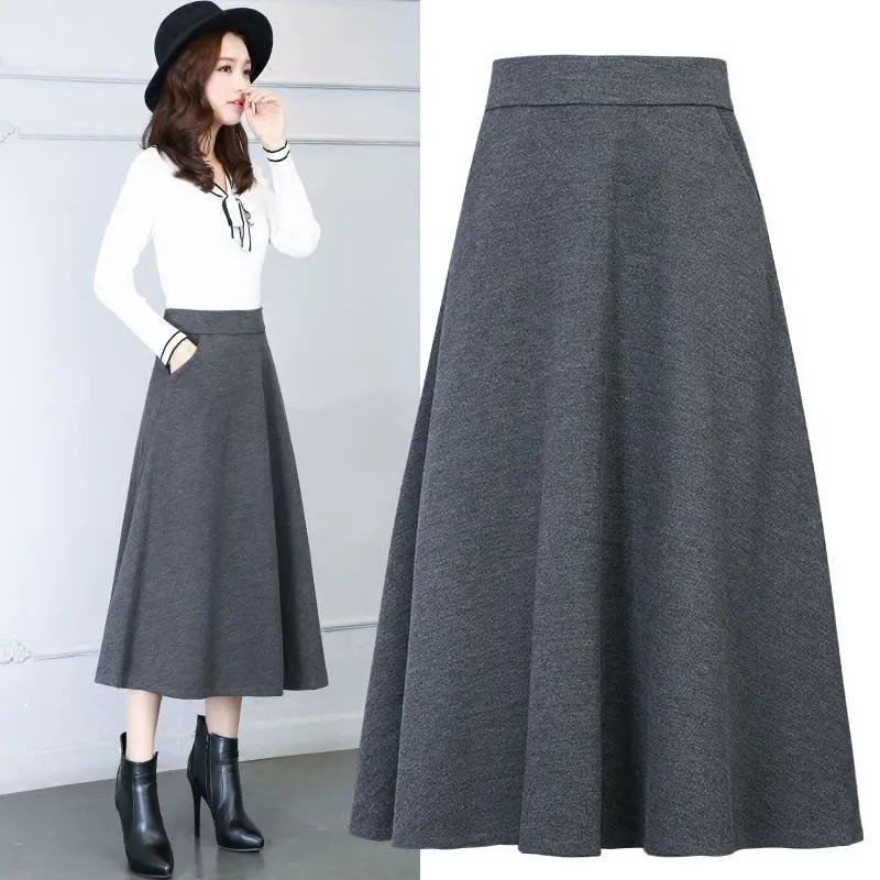 length Skirt 119 Новая Осенняя Женская тонкая юбка, Женская шерстяная юбка, зимняя повседневная черная серая красная плиссированная юбка с высокой талией, Длинная женская юбка XS 19 - Цвет: length Skirt 119