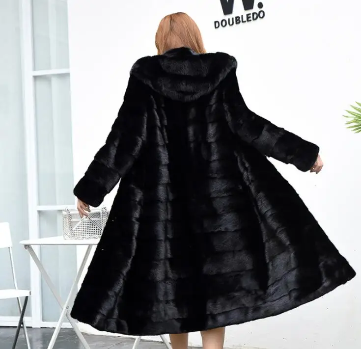 Autumn faux mink leather jacket womens long coats winter thicken warm fur leather coat women slim jackets fashion Hooded black