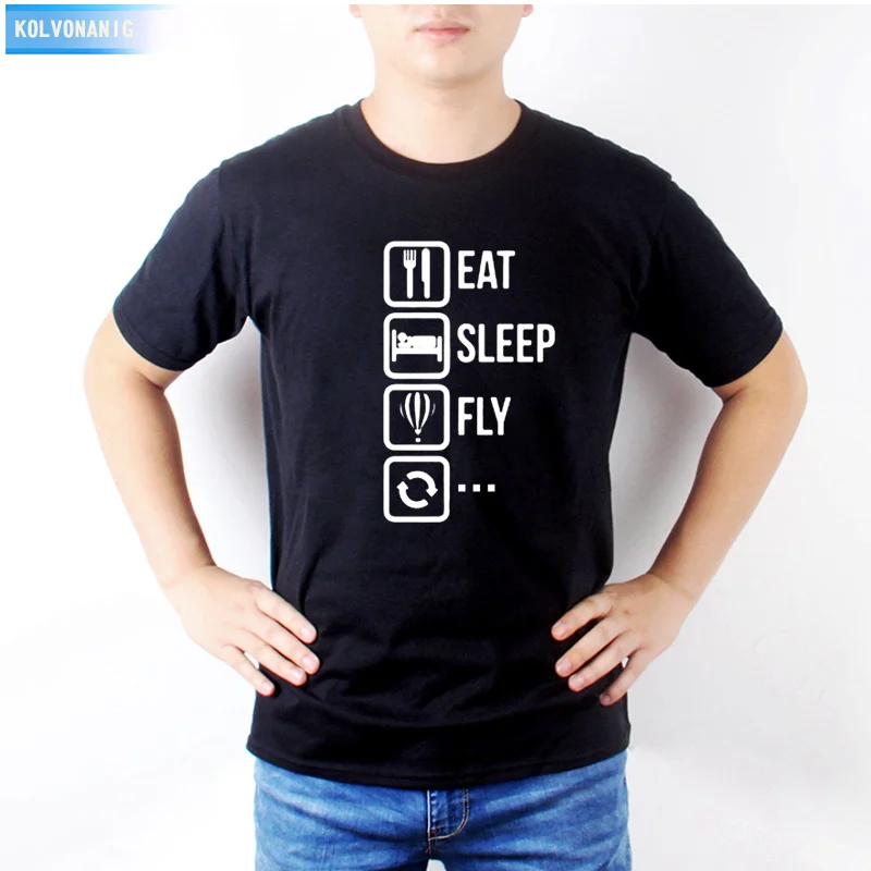 

2021, мужские платья KOLVONANIG с круглым вырезом и коротким рукавом, Хлопковая мужская футболка Eat Sleep Fly, смешная футболка с рисунком
