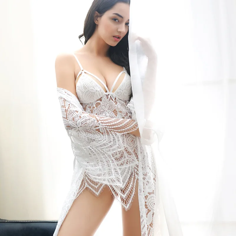 WHITE 3PCS SET Комплект, женское сексуальное шелковое атласное Ночное платье без рукавов, ночная рубашка с v-образным вырезом, ночная рубашка, кружевное ночное белье, ночная рубашка для женщин - Цвет: WHITE 3PCS SET