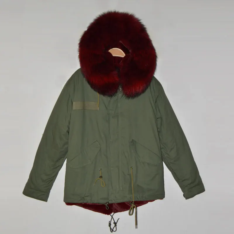 

Free shipping cost rose red short style Italy brand design faux fur inside real collar winter parka