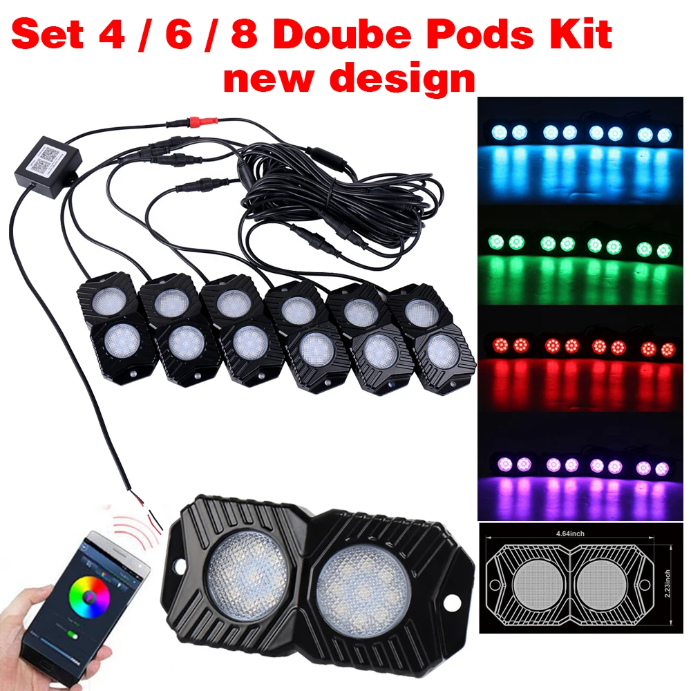 

New Design 4/6/8 Double Pods RGB Waterproof Off Road LED Rock Light Kit Fit For Jeep Truck Boat Deck 4X4 Underbody Car UTE ATV