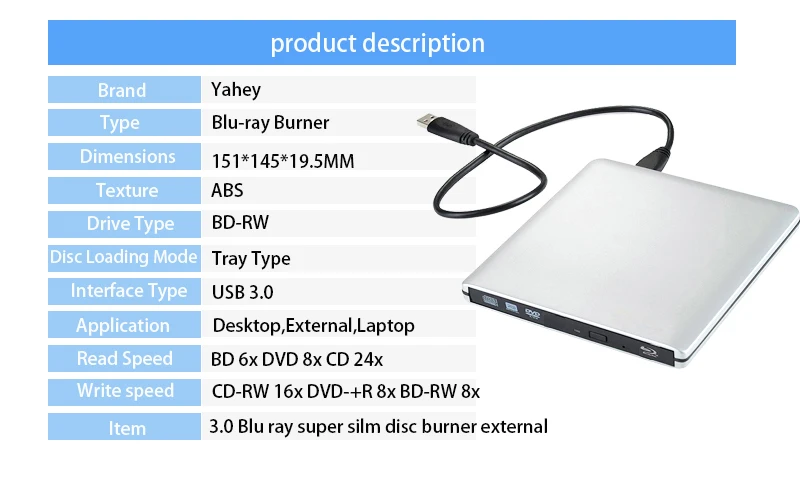 USB 3,0 Внешний Blu-Ray оптический привод Bluray bd-rw горелка BD-RE CD/DVD rw Писатель воспроизведение 3D 4K Blu-Ray диск для ноутбука Настольный ПК