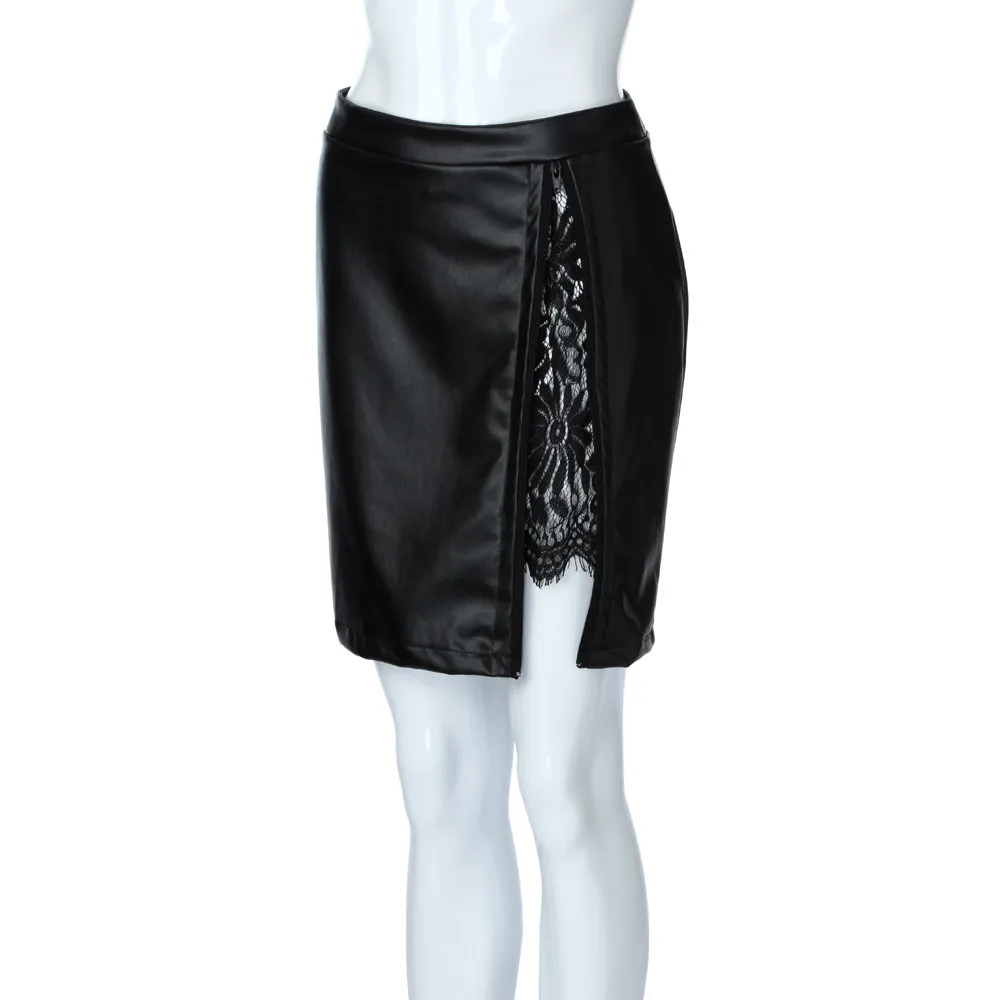 

2020 High Quality Women Black Sexy Zipped Pencil Skirts Lace Insert Fitted Faux Leather Skirt Autumn Winter Mini Skirt 10Feb 12