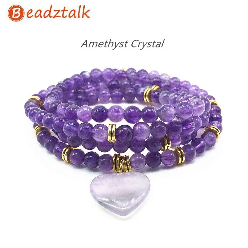 amethyst gold Женский браслет, Прямая поставка, браслеты с бусинами из натурального камня, эластичный, 72-74 см, ожерелье для йоги, Амазонит, Агаты, сердце, Шарм - Окраска металла: amethyst gold