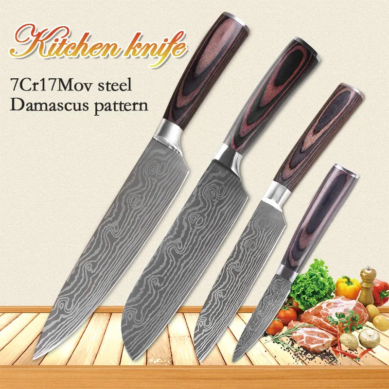 4 в 1 высокое качество поварские Ножи Имитация дамасской стали Santoku кухонные ножи острые фрукты овощи мясо кухонные ножи - Цвет: 4 IN 1
