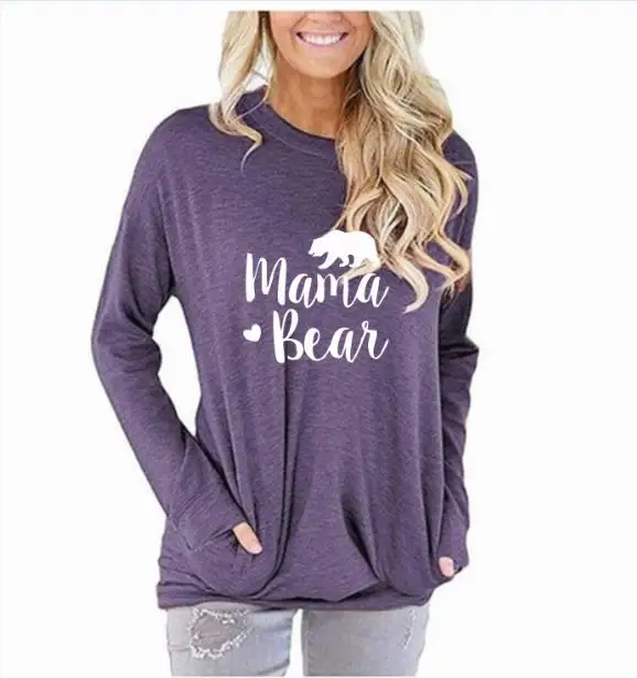 purple Mama Bear однотонная повседневная женская футболка осень зима длинный рукав карманы o-образный вырез женская футболка Топ Хлопок размера плюс Прямая поставка - Цвет: purple