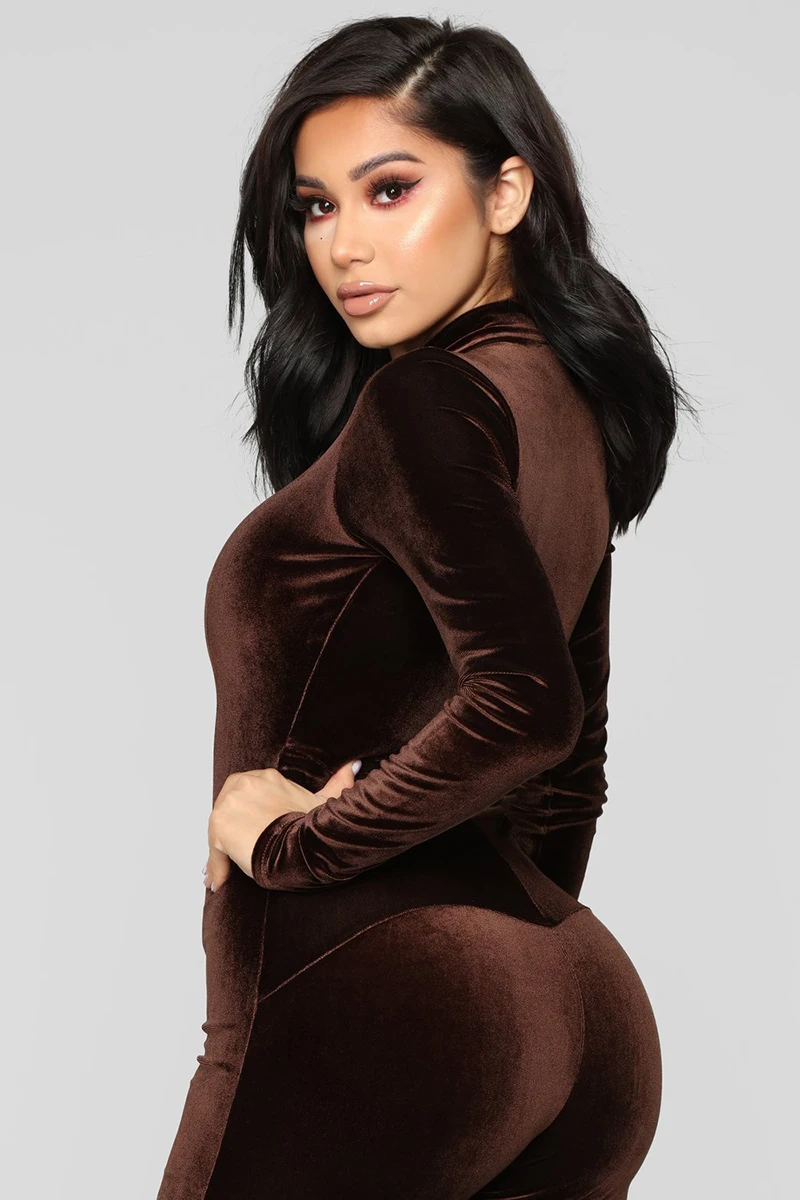 Beyprern Kylie стиль шоколадная мечта бархатный комбинезон Новая мода макет шеи передняя молния узкие ноги Кайли Дженнер велюровые комбинезоны