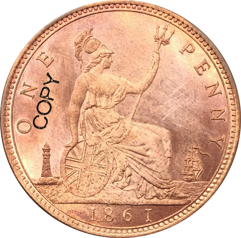 

Great Britain Victoria 1861 One Penny Red Copper Copy Coin