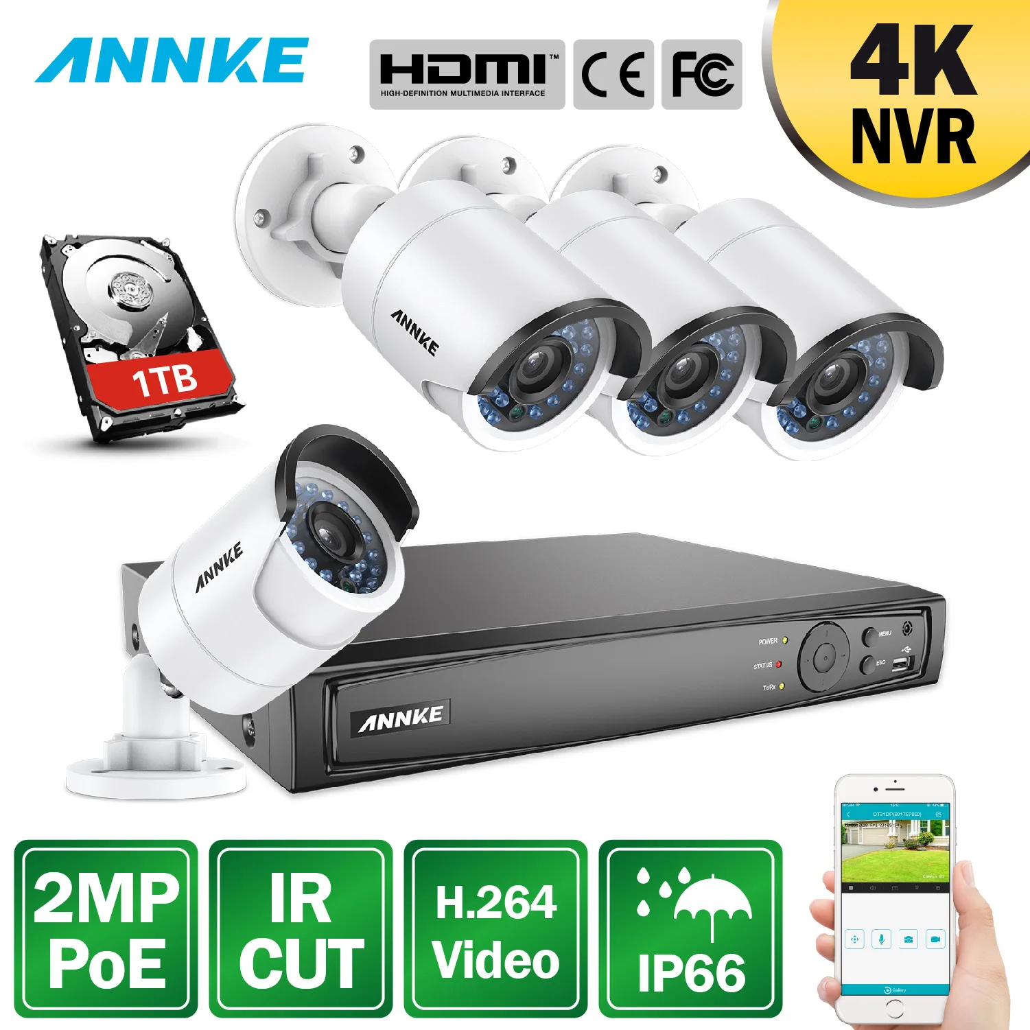 ANNKE HD 8CH 4K POE NVR 4 шт. 1080P сетевая ip камера видео VCA система безопасности для помещений