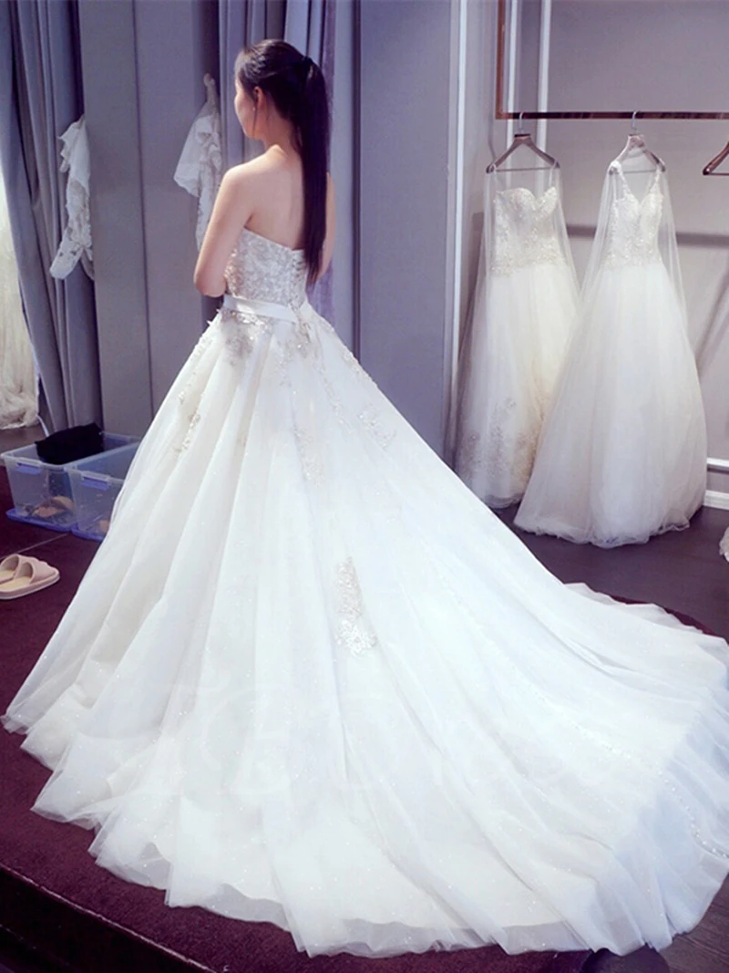 New Sweetheart Court Train A Line Wedding Dress Sequins Tulle Long 2017 Bridal Gown With Sash Vestido De Novias | Свадьбы и
