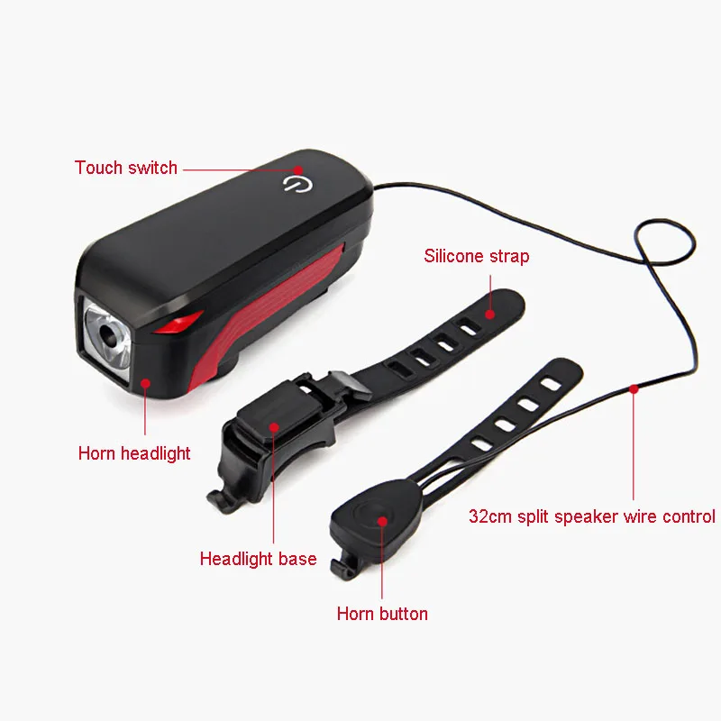 

Bicycle 2 in 1 LED Headlight with Electronic Horn USB Charge 350Lumen Front Lamp 130db loudspeaker 2000 Li-battery USB