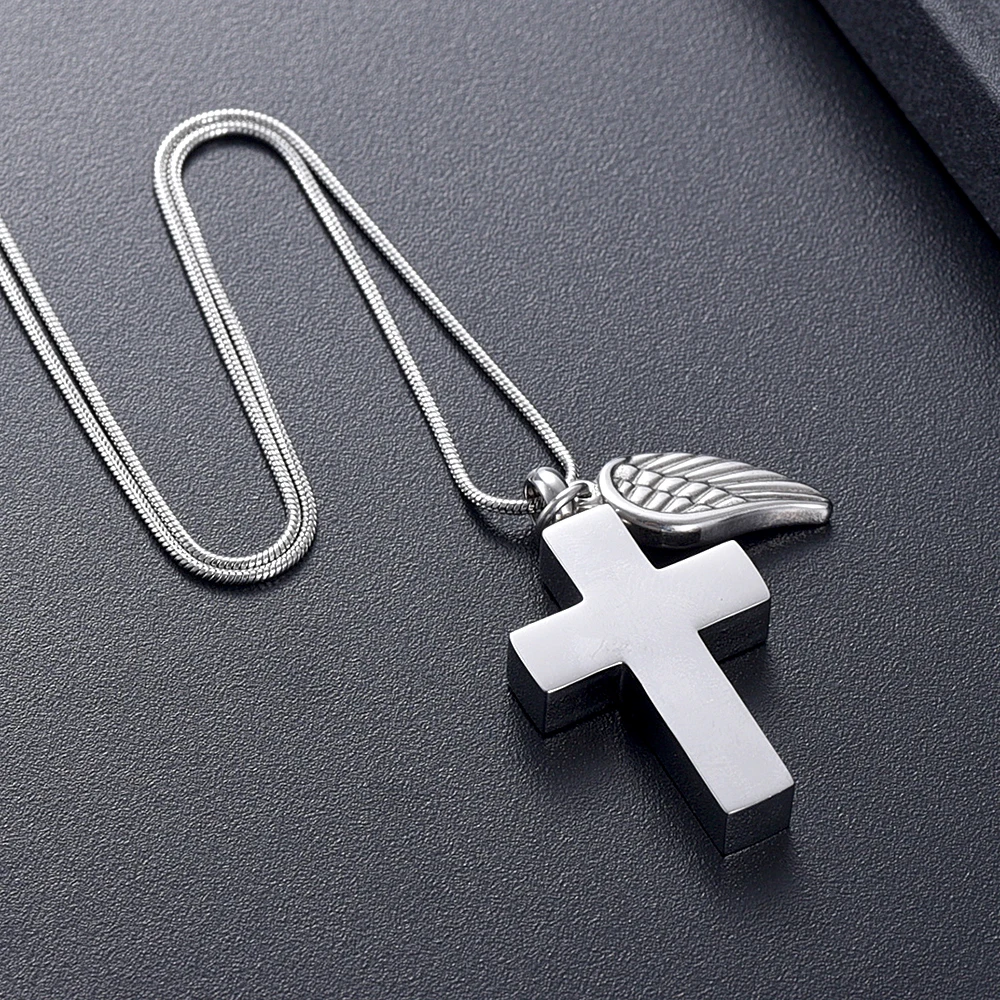 

IJD12239 Angel Wing Charm &Cross Cremation Jewelry For Ashes For Human/Pet Memorial Urn Pendant Engravable Necklace Free Funnel