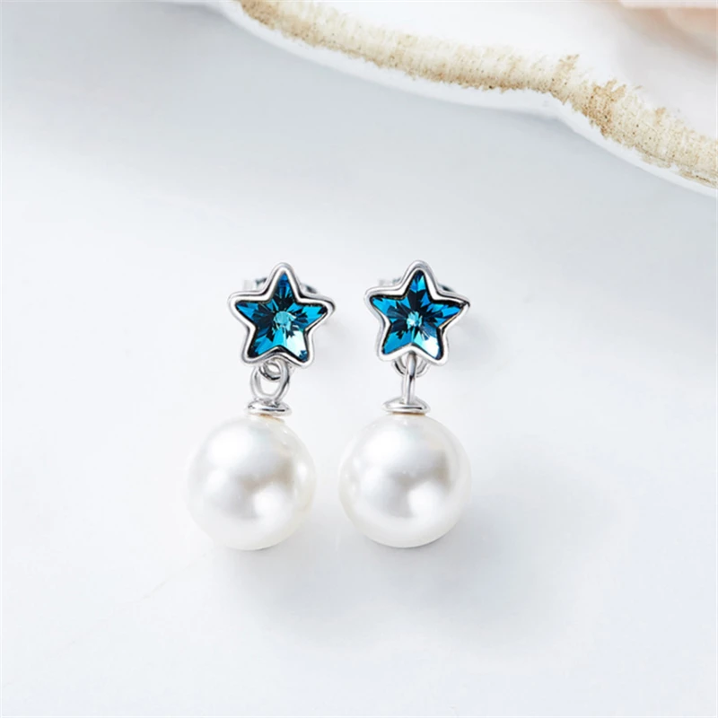 

New Personality Pearl and Blue Five-pointed Star EarringTemperament Spiral Artificial Crystal Drop Earrings