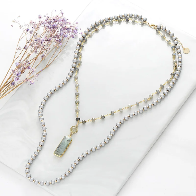 BOJIU Fashion Square Long Pendant Necklace Round Grey Crystal Women Wood Beads In Jewelry NKS193 | Украшения и аксессуары