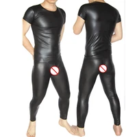 solid color sexy men faux leather suit two sets short sleeve top shirt and leggings matte men underwear tights customizable