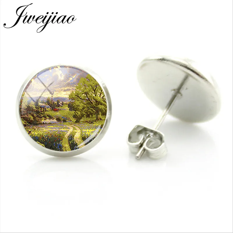 JWEIJIAO Beautiful Flowers Garden Mountain Watercolor Painting Stud Earring Glass Cabochon Earrings Rhodium Plated Jewelry SR05 | Украшения
