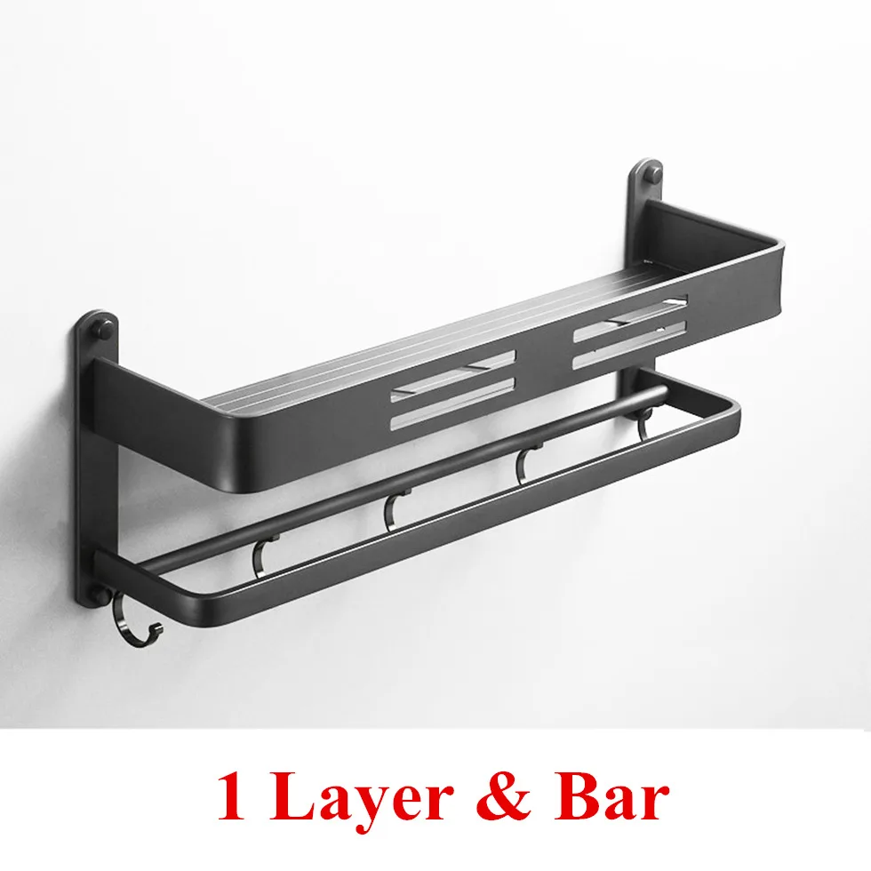 1 Layer with bar Черная полка для ванной душ Caddy настенный кухонный стеллаж для ванной с баром крюк пространства полки из алюминия органайзер для хранения etagere - Цвет: 1 Layer with bar