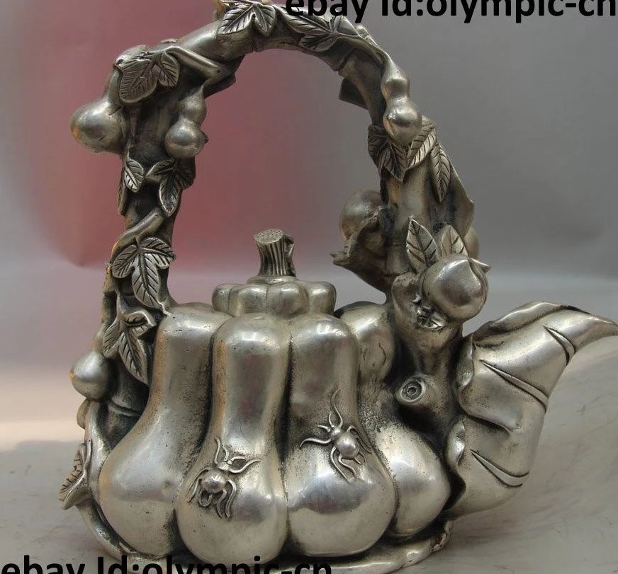 

China Tibet Silver Spider Peach Bottle Gourd Pumpkin Kettle Pot Teapot Statue