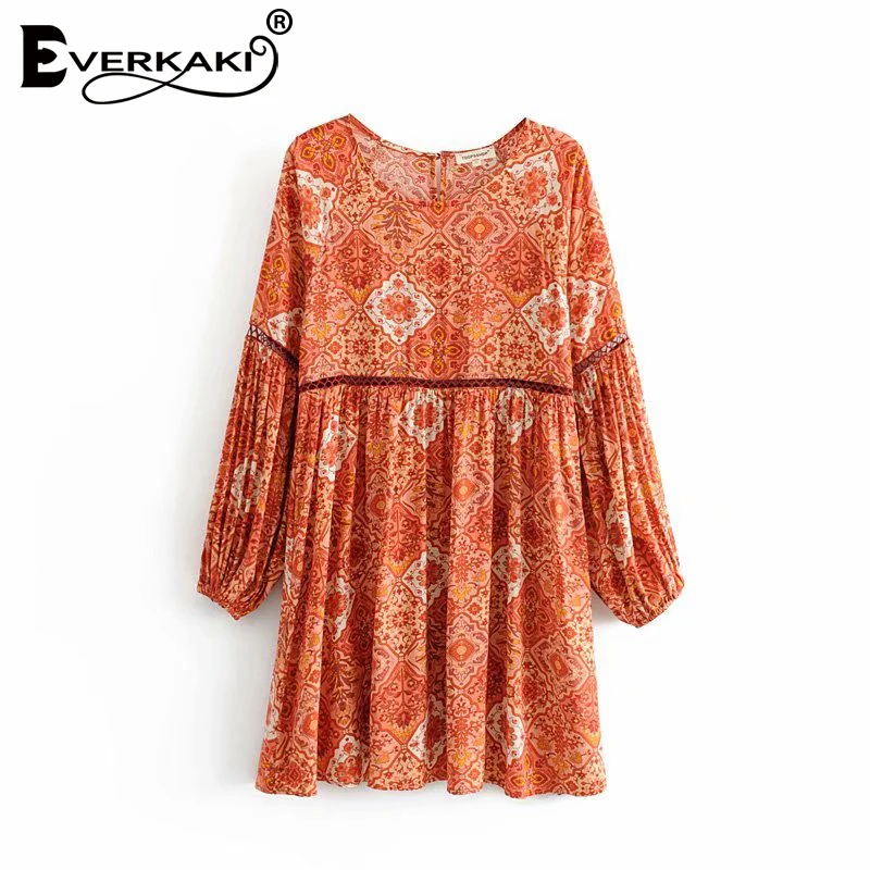 Everkaki Gypsy/мини платье с принтом для женщин длинным рукавом в стиле пэчворк круглым