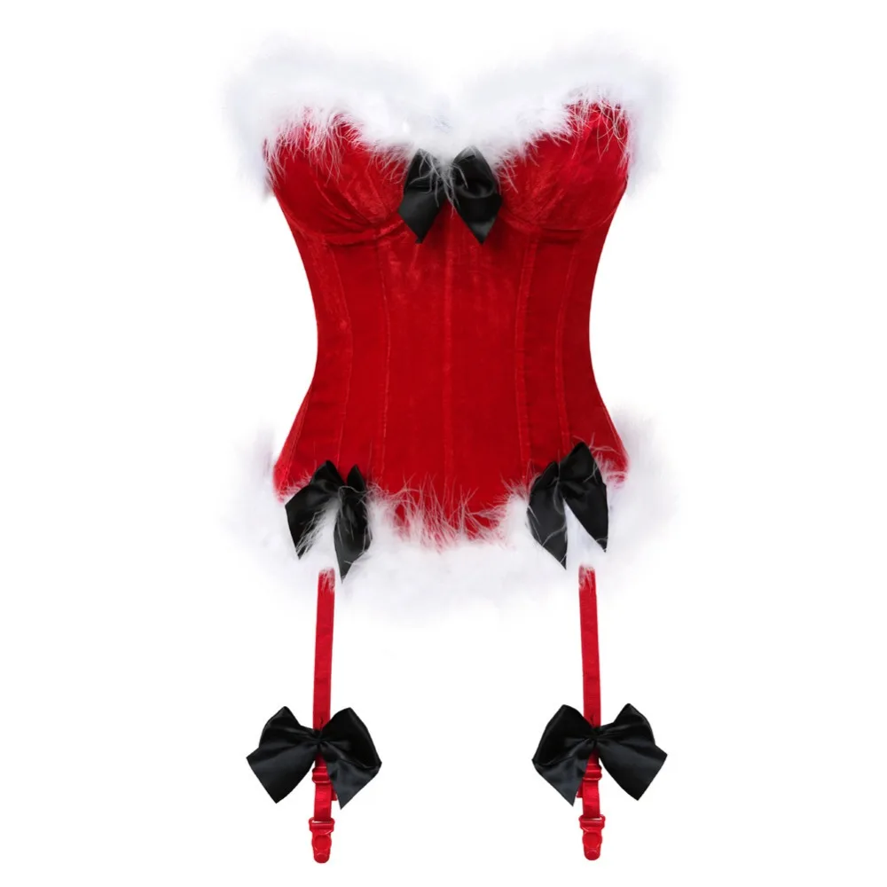 

christmas costume sexy flannel bow fur overbust red corset top vintage gotic steel boned waist corsets&bustier women corselet