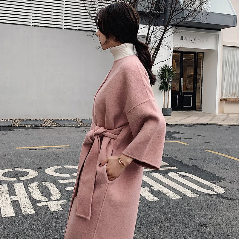 

rf0273 Autumn Winter Reversible Women's Woolen Coat with Fox Fur Scarf Collar Long Style Warm Overcoat