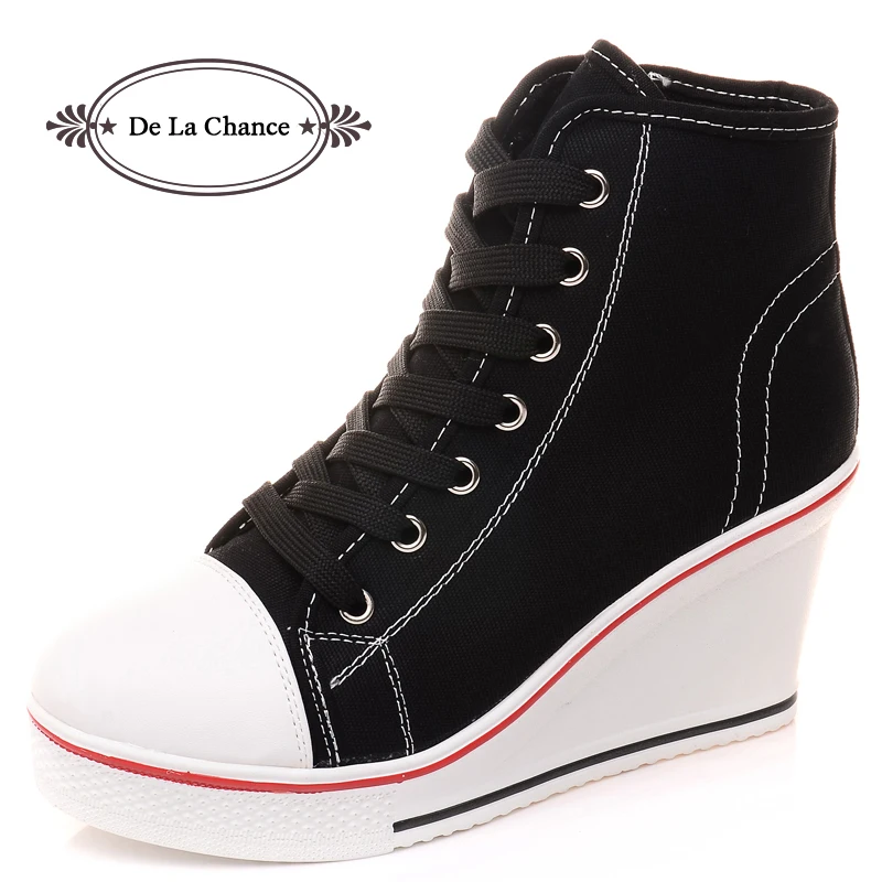 

Free Shipping 2017 Badge Wedges High Lacing Casual Elevator Shoes Female Canvas Shoes High Top Wedge Boots Women Casual Shoes