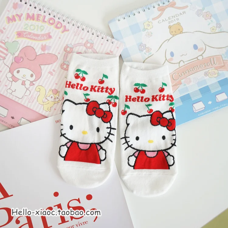hello kitty 1 пара, хлопковые летние носки для девочек с мультяшным принтом «грустное яйцо Гудетама», «Маленькие близнецы», «Моя Мелодия», «пудинг», «Собака» - Цвет: hello kitty