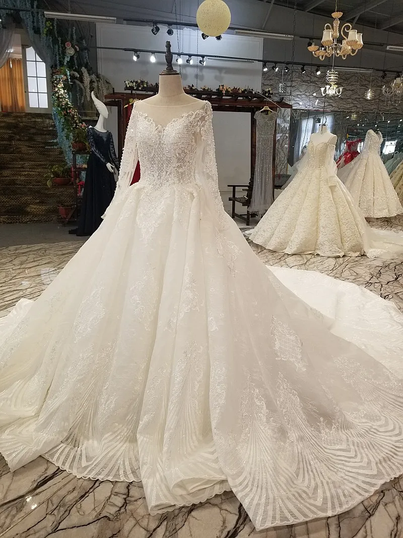 LS6111 чистое Новое свадебное платье с длинным прозрачным рукавом бальное высокое