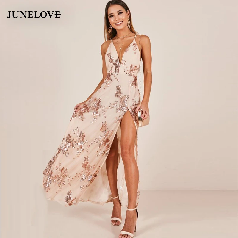 Женское длинное вечернее платье JuneLove золотистого цвета с блестками открытой