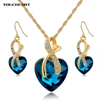 toucheart charms wedding beads jewelry set crystal gold color heart statement necklaces earrings women blue jewelry set140044
