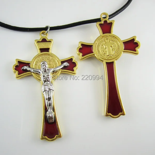 Золотистое Ожерелье из кожи с красным карабином Святого Бенедикта|necklace leather|leather