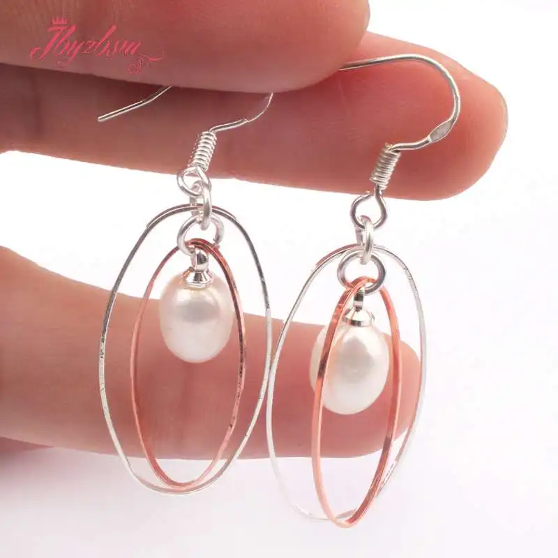 

6x8-8x10mm Genuine Freshwater Pearl Natural Stone Beads Silver Dangle Hook Oval Fashion Woman Earrings 1 Pair Free Shipping