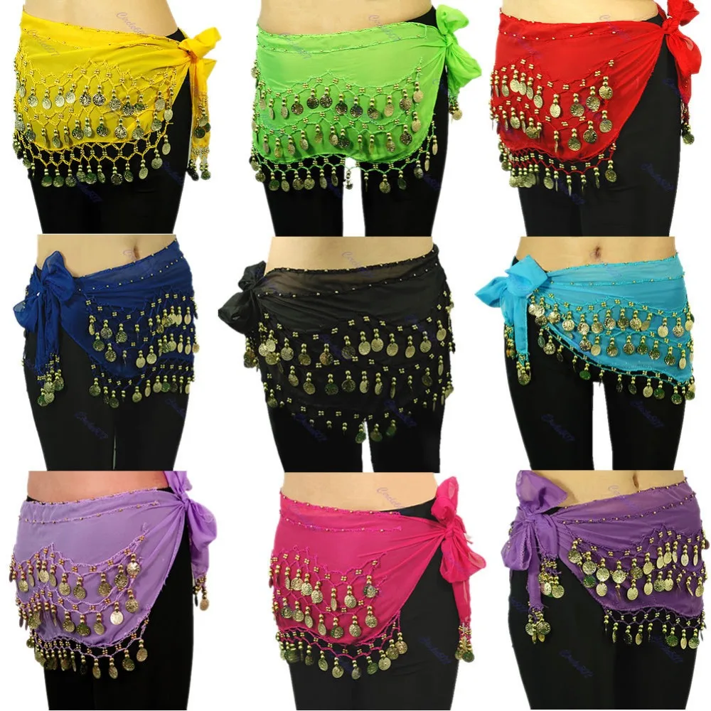 

New Chiffon India 3 Rows Gold Coin Chain Belt Skirt Belly Dance Hip Scarf