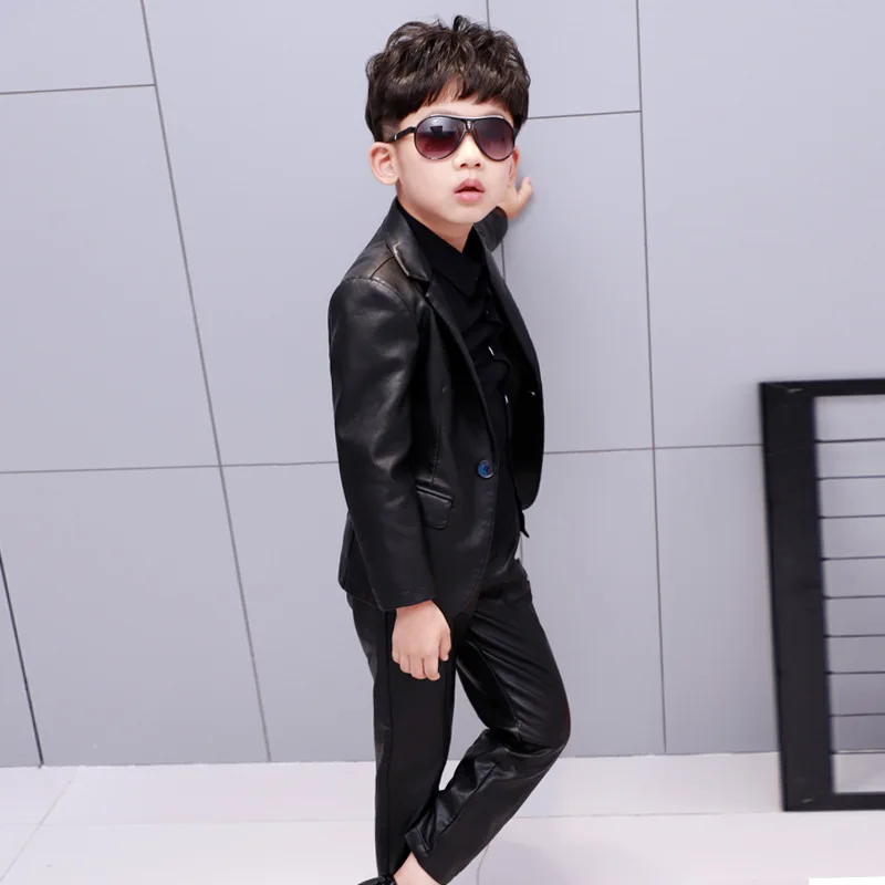 Новинка 2018 зимняя куртка из искусственной кожи для мальчиков штаны комплект