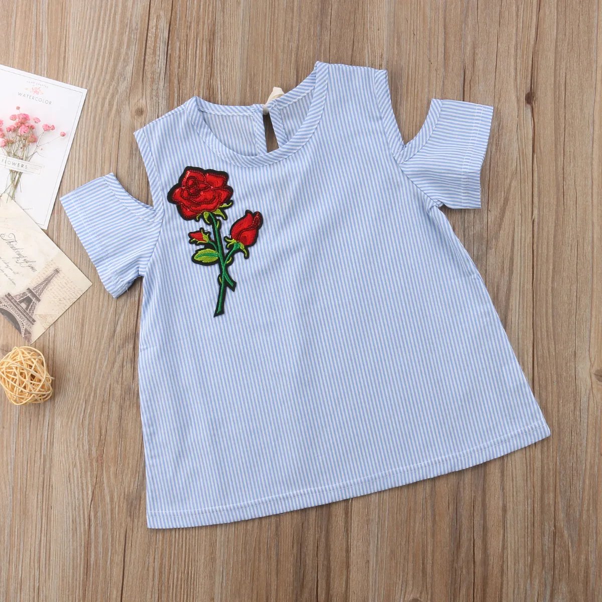 Child Kids Baby Girls Dress Off Shoulder Shortsleeve Striped Dresses Toddler Rose Embroidery Sundress Girl 6M-5T | Детская одежда и