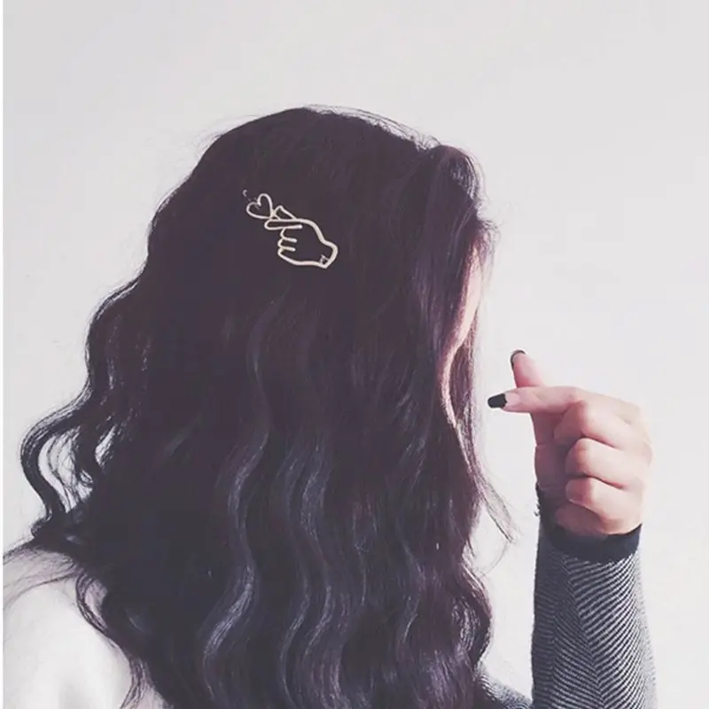 Korean Creative Finger Heart Shaped Bobby Pins Women Girls Polished Metallic Gold Silver Hair Clips Hollow Geometric Barrettes| |