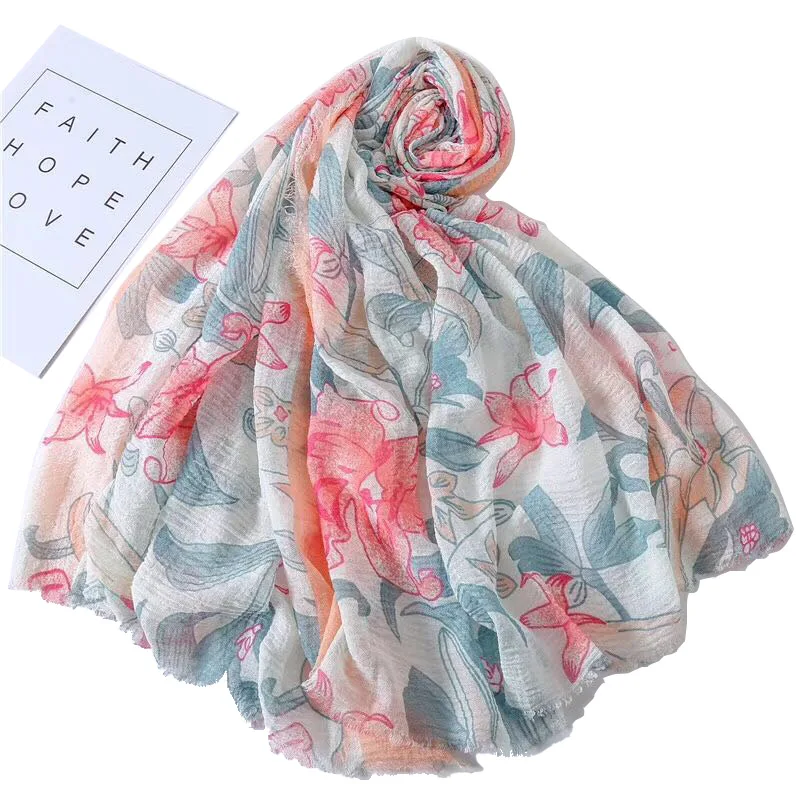 

Хлопковый шарф-хиджаб с цветочным принтом, мусульманские шарфы, плиссированные длинные шарфы, модные исламские шарфы 10 шт./лот