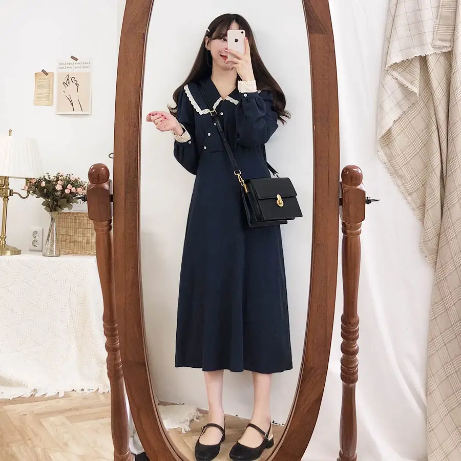 Коллекция года, Новое поступление, S-XL-весеннее кружевное платье для девочек, повседневное, бохо, OL, повседневное, синее, с длинным рукавом, женские платья, женское платье, брекеты, robe Femme Vestido