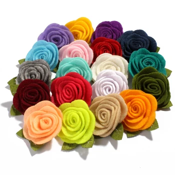 10PCS 5CM Felt Nonwovens Fabric Flower With Green Leaves For Headband Cute Rolled Rose Hair Flowers For Apparel Accessories 1