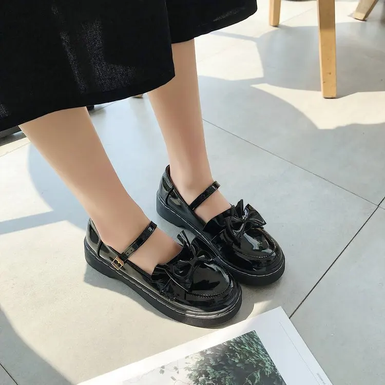 Leather black Милые туфли Лолиты в японском стиле; женские туфли Лолиты с бантом для студенток; JK; форменная обувь; женские туфли Лолиты - Цвет: Leather black