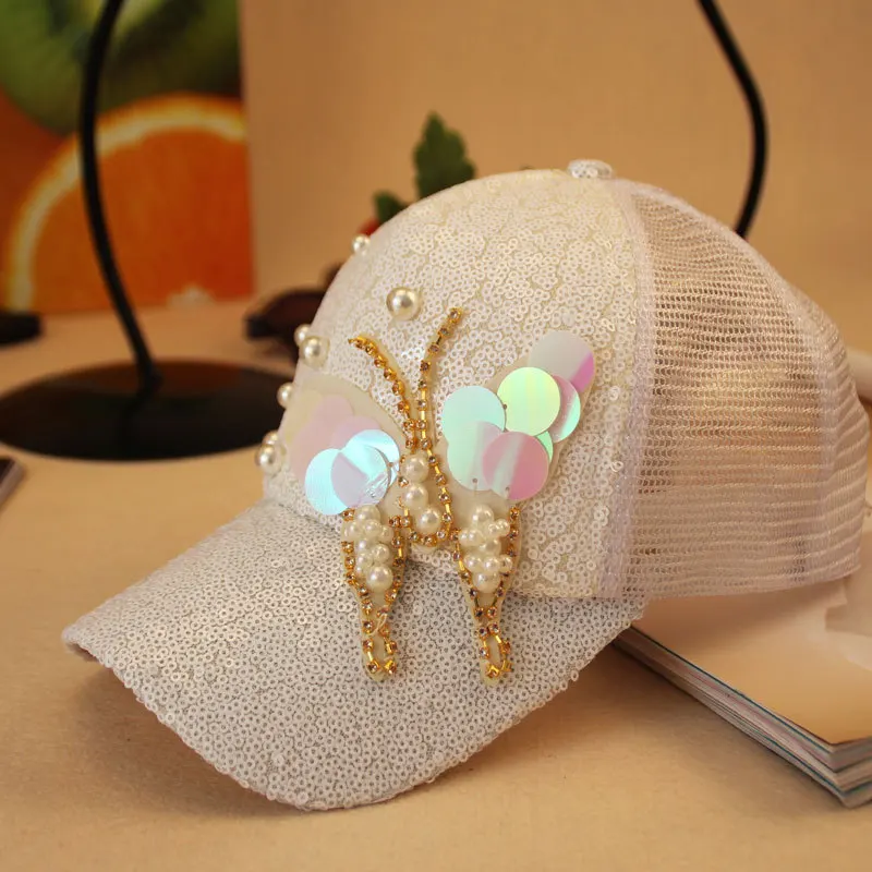 Luxury Women Baseball Cap Brand Bling butterfly Pearl Sequins Hip Hop Cap Vintage Snap Back Design Cap Casual Snapback Hat New