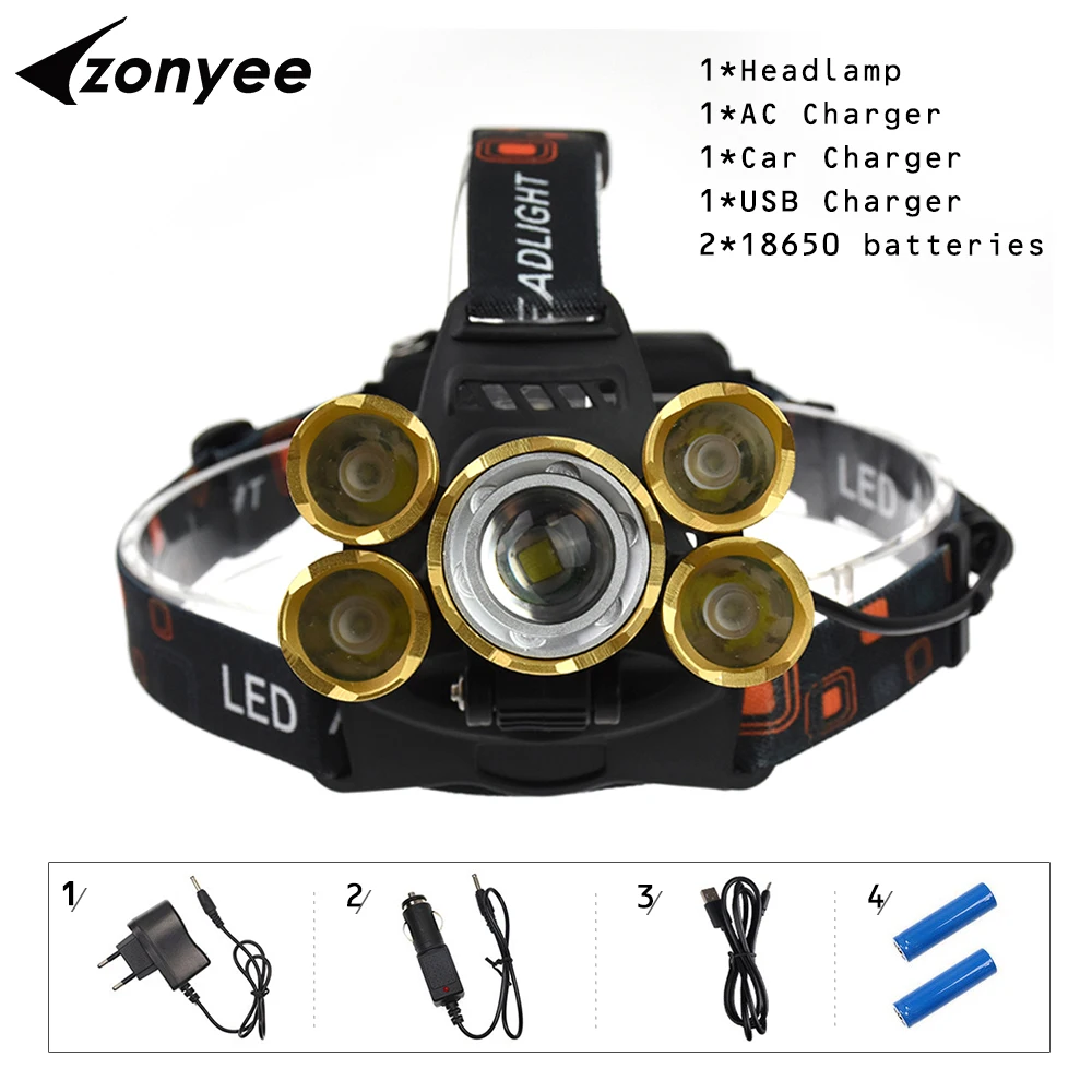 15000 люмен перезаряжаемая Фара 5 LED Zoom 4 режима 18650 налобный фонарь Mine Cave Исследуйте