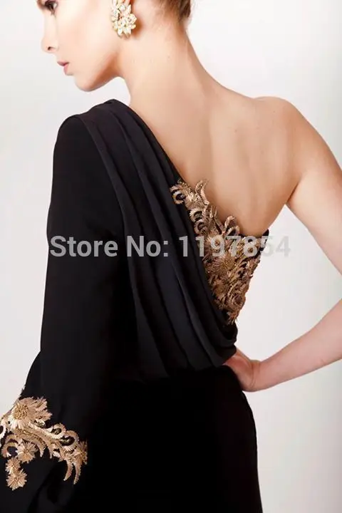 Domineering Black Embroidery Evening Dress One Shoulder Long Sleeve Formal Gown High Side Slit Party | Свадьбы и торжества