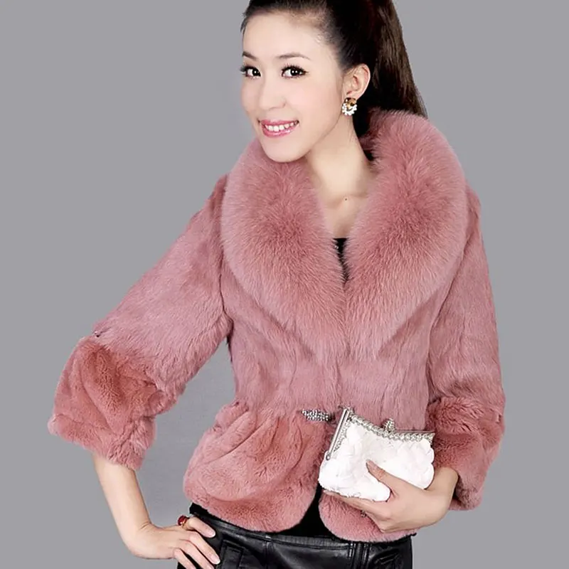 Winter Women Fur Coat With Fox Collar Three Quarter Slim Short Genuine Rex Rabbit Coats Jackets Real Womens Clothing | Женская одежда