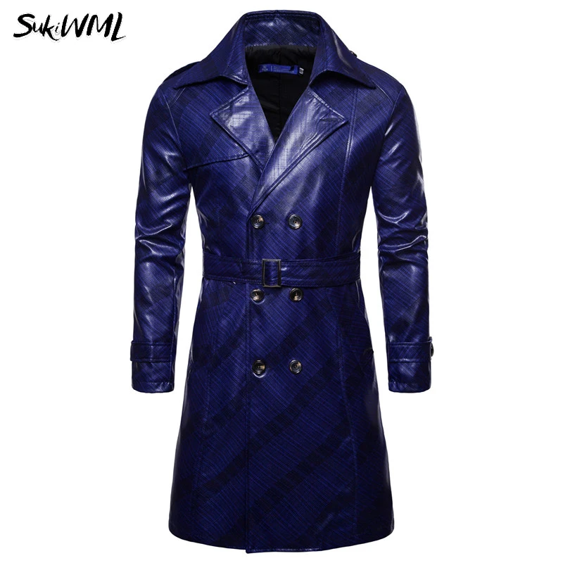SUKIMWL Тренч Homme 2018 новый модный мужской длинный плащ из искусственной кожи Осенняя