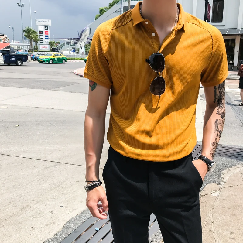 Мужская рубашка желтая Классическая обтягивающая винтажная для офиса 2019|Поло| |